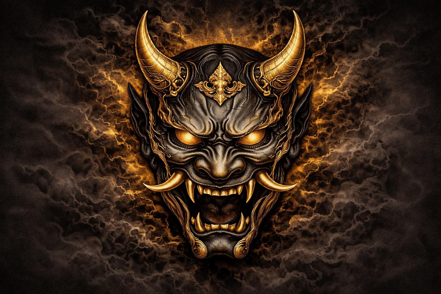 Black and Gold Hannya Mask Wall Art | Japanese Demon Art Printable | Samurai Tattoo Style Decor | Luxury Dark Wall Art