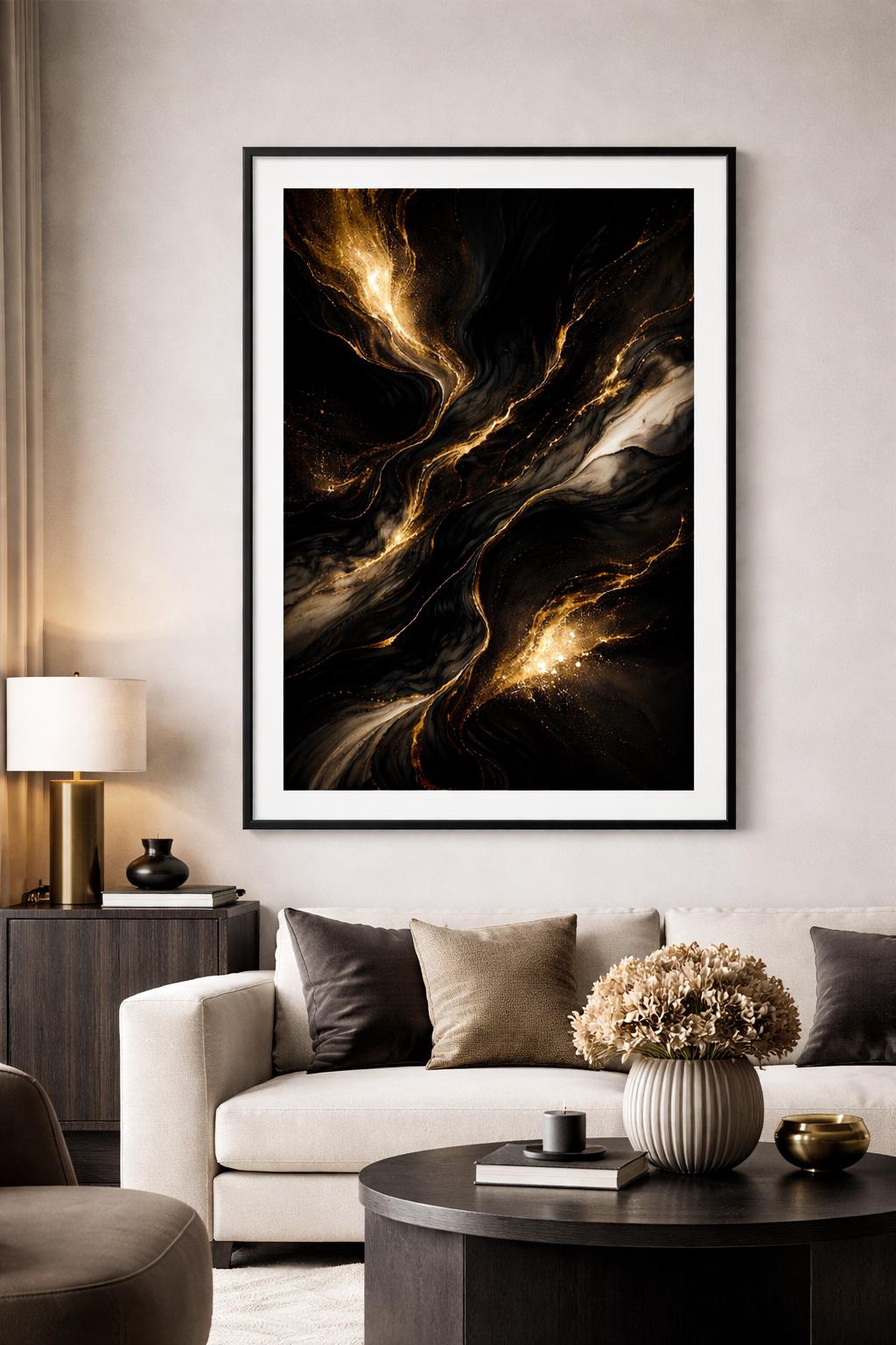 Black and Gold Abstract Wall Art, Luxury Modern Printable, Elegant Gold Vein Art, Minimal Dark Home Decor
