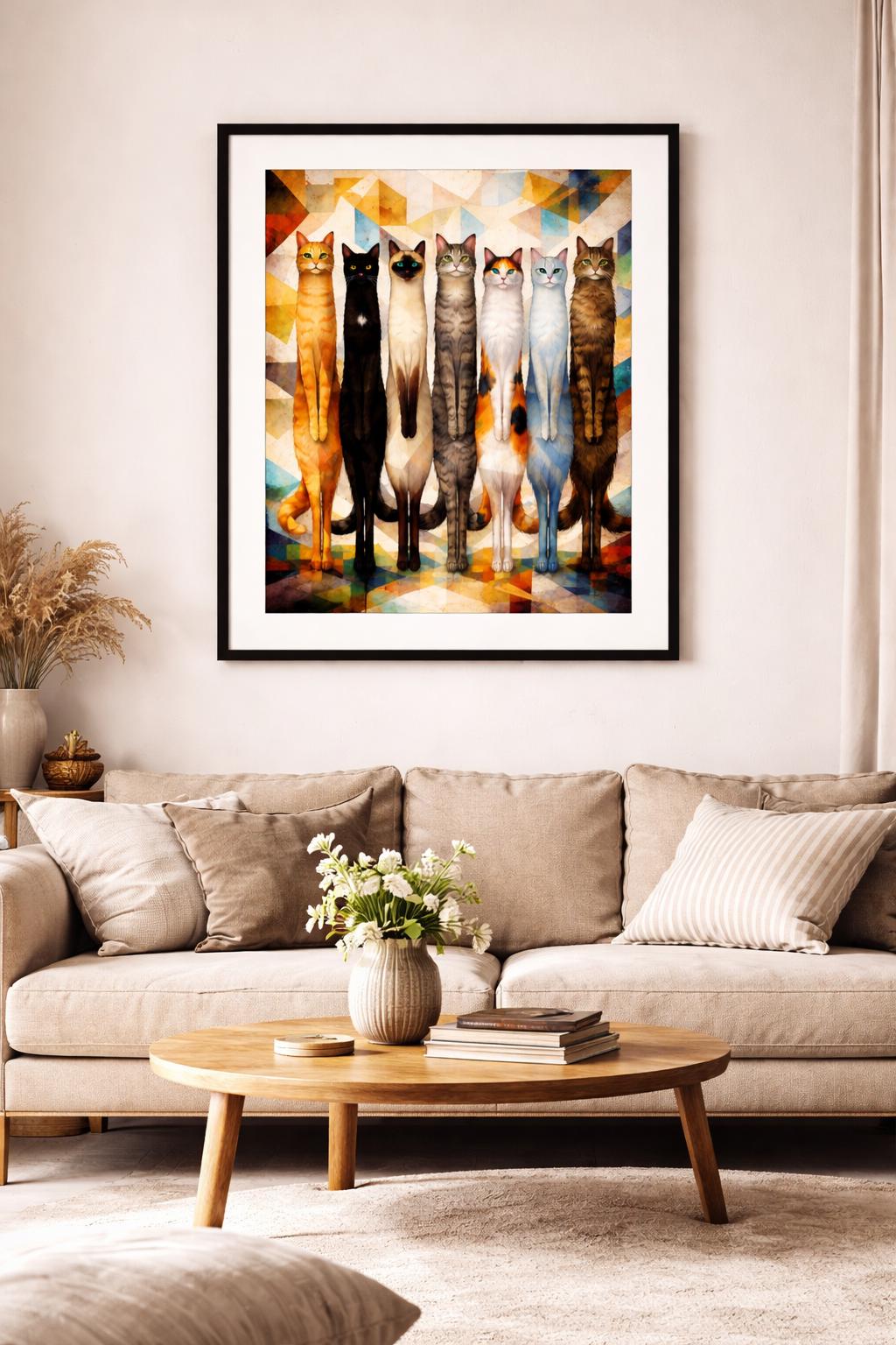 Abstract Cubist Stretch Cats Wall Art, Modern Cat Print, Colorful Geometric Feline Artwork, Contemporary Animal Decor