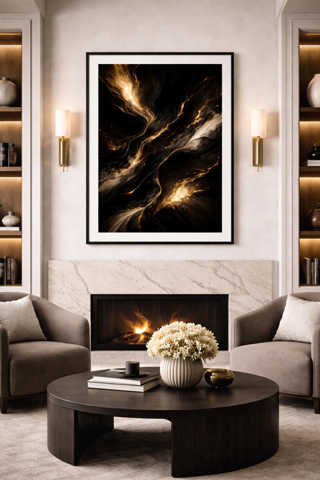 Black and Gold Abstract Wall Art, Luxury Modern Printable, Elegant Gold Vein Art, Minimal Dark Home Decor