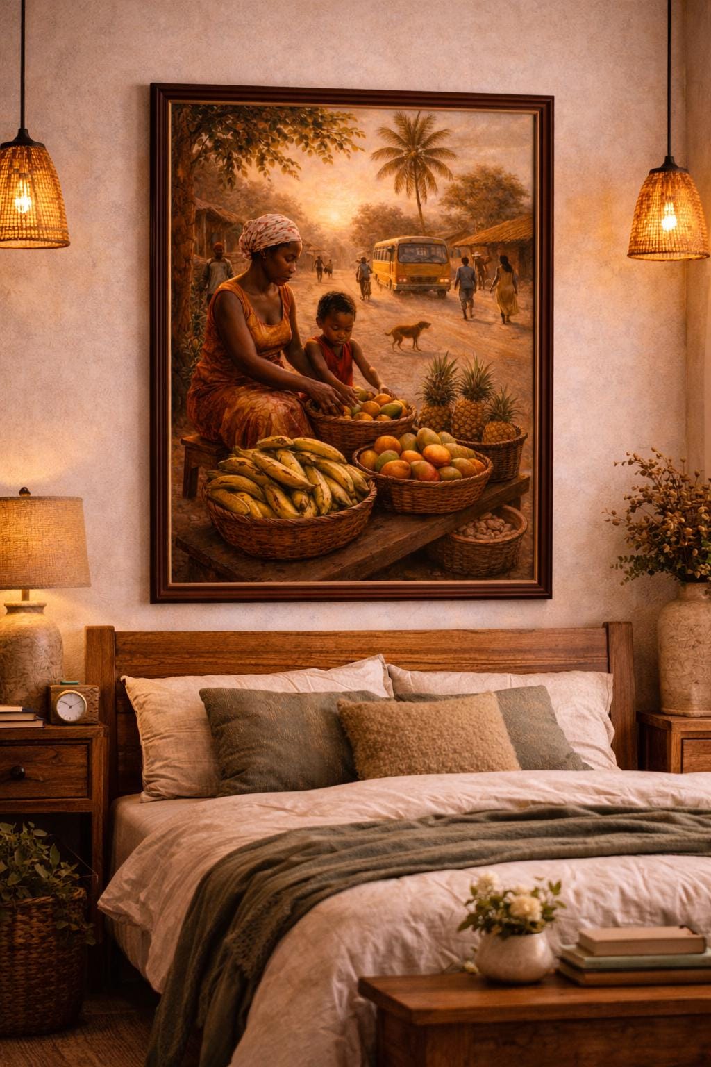 African Mother and Child Art | Village Fruit Stand Oil Painting (Digital Download)