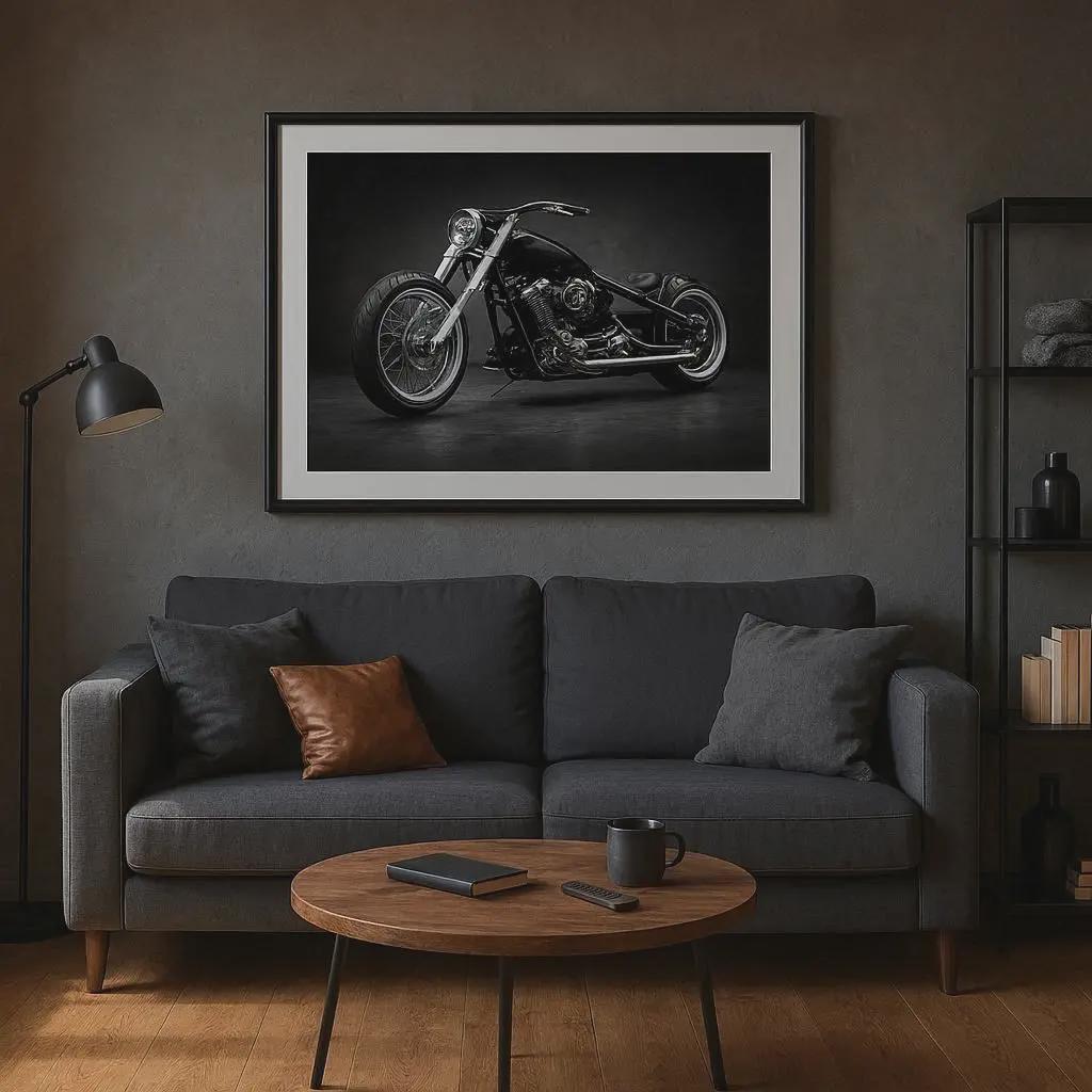 Black Motorcycle Wall Art, Biker Man Cave Decor, Custom Chopper Print, Dark Garage Art, Printable Motorcycle Poster