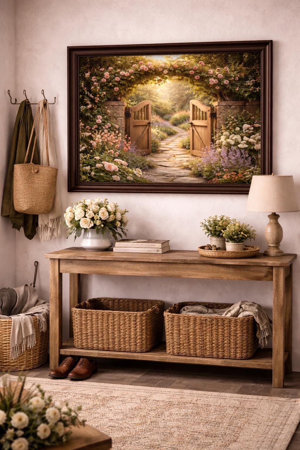 Garden Gate Wall Art, Open Garden Pathway Print, Cottage Garden Decor, Floral Stone Path Artwork, Romantic Garden Printable