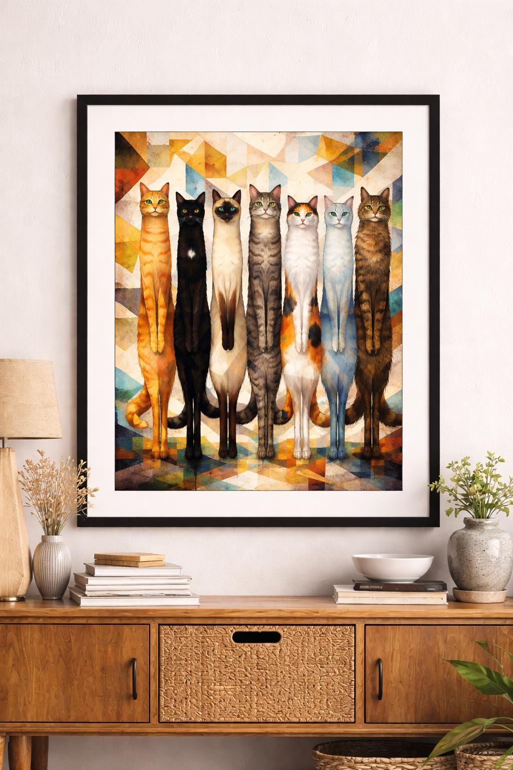 Abstract Cubist Stretch Cats Wall Art, Modern Cat Print, Colorful Geometric Feline Artwork, Contemporary Animal Decor