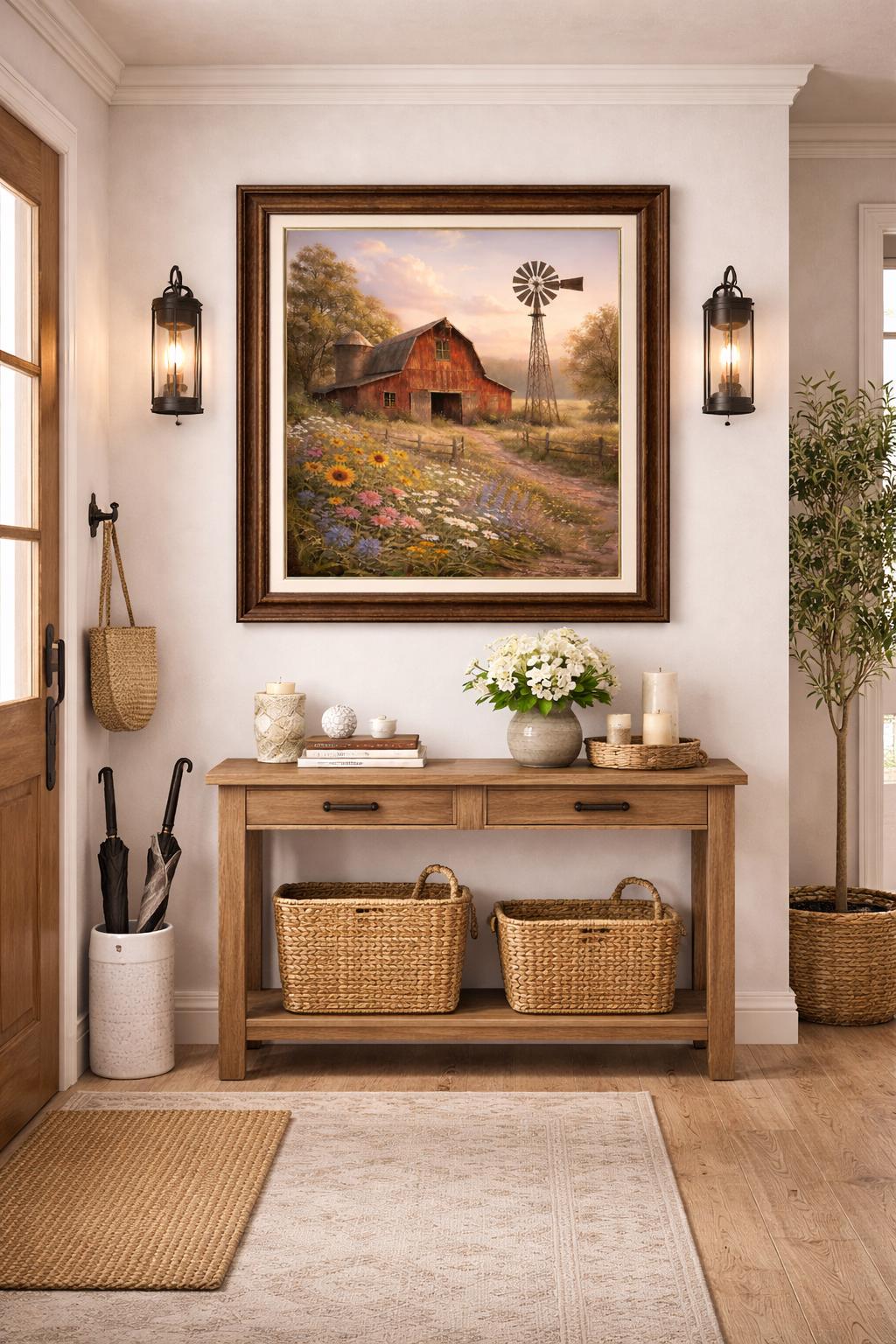 Barn Windmill Wall Art Printable, Rustic Farm Landscape, Wildflower Meadow Painting, Farmhouse Country Decor, Digital Download