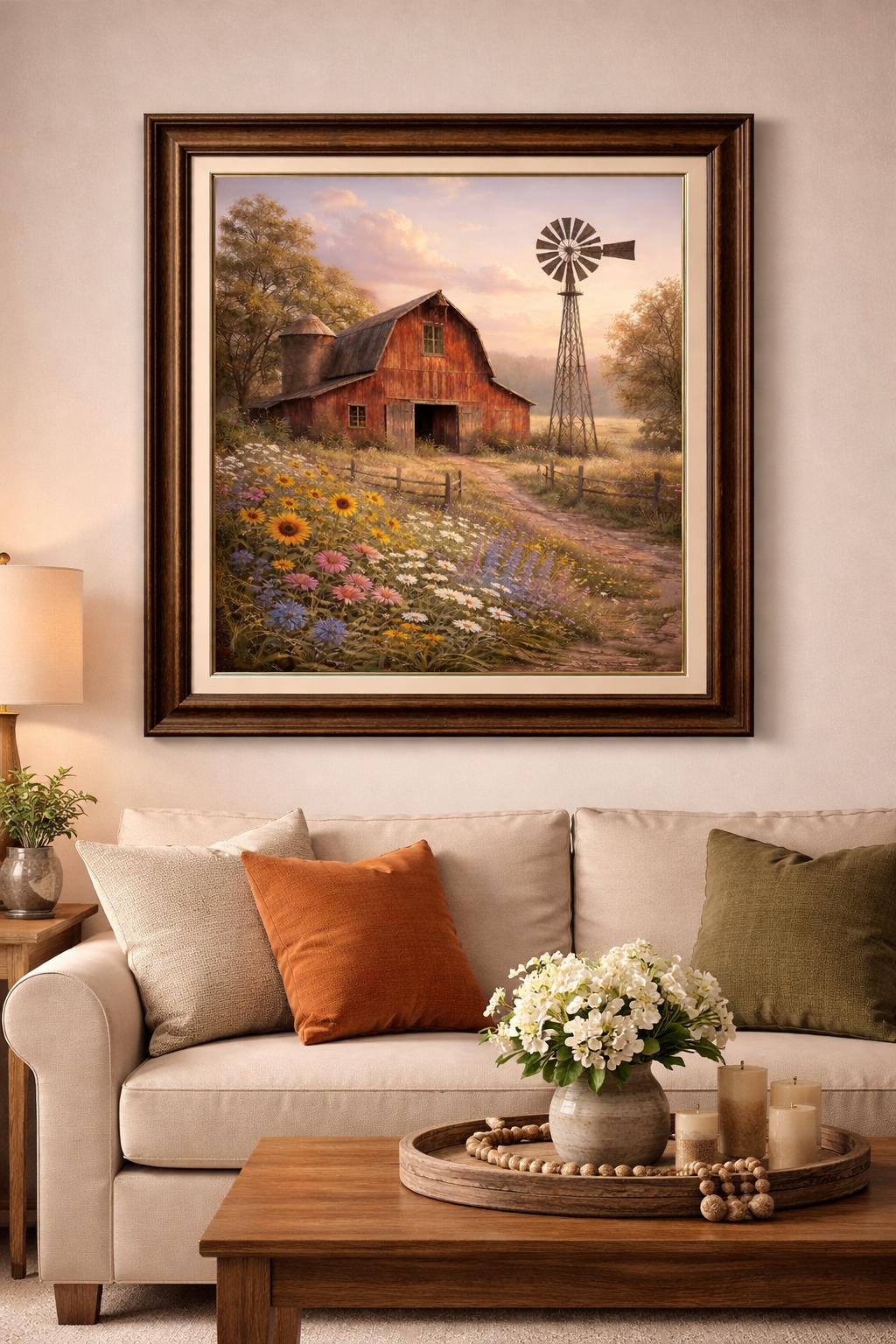 Barn Windmill Wall Art Printable, Rustic Farm Landscape, Wildflower Meadow Painting, Farmhouse Country Decor, Digital Download