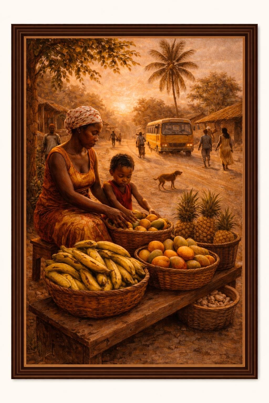 African Mother and Child Art | Village Fruit Stand Oil Painting (Digital Download)