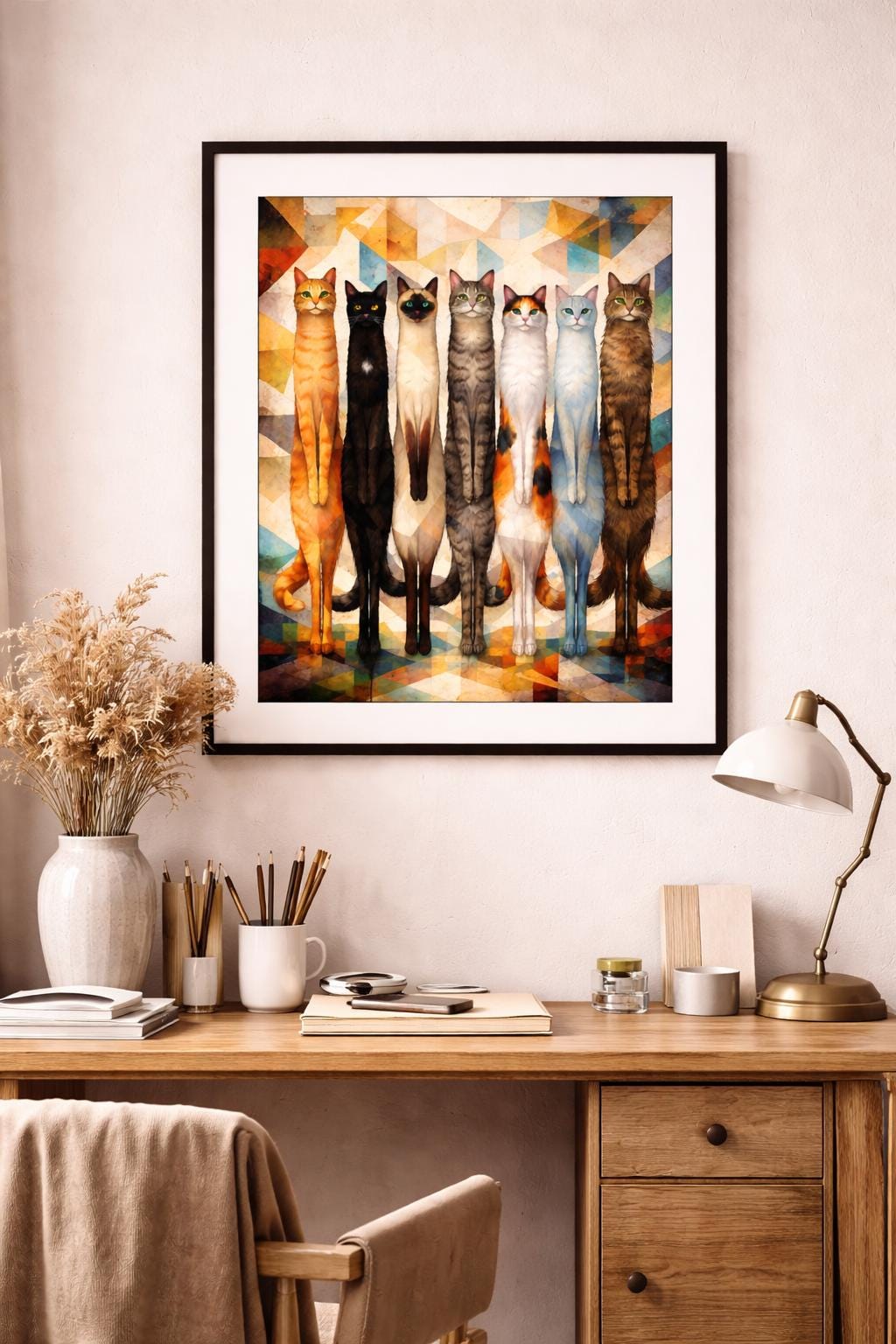 Abstract Cubist Stretch Cats Wall Art, Modern Cat Print, Colorful Geometric Feline Artwork, Contemporary Animal Decor