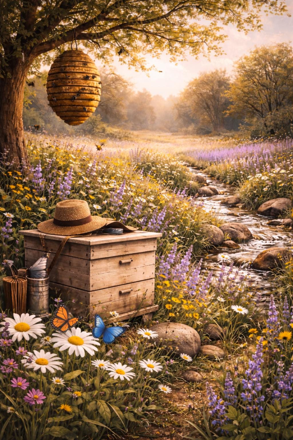 Beehive Wall Art, Butterflies and Wildflowers art, Nature Meadow Landscape, Cottage Farmhouse Printable Digital Download