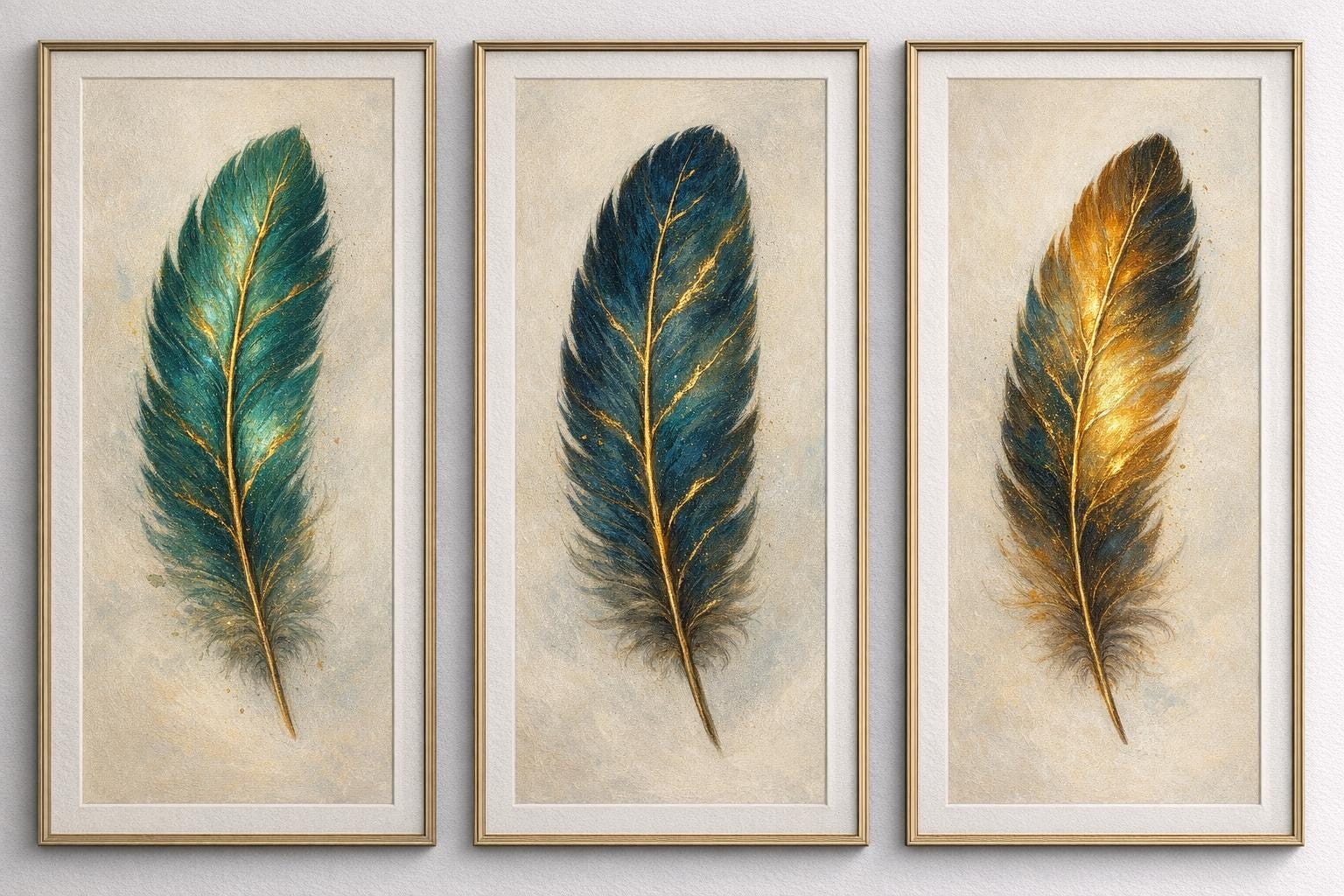 Feather Triptych Wall Art | Elegant Gold Accent Decor (Digital Download)