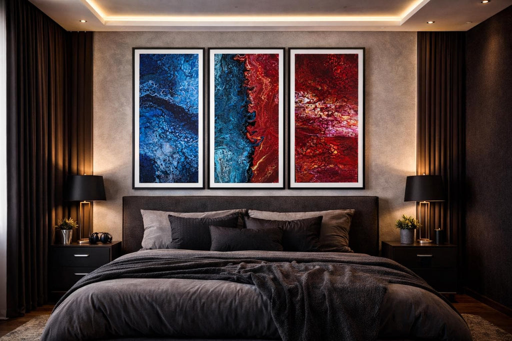 Abstract Fluid Art Triptych, Blue Red Modern Wall Decor (Printable PDF Set)