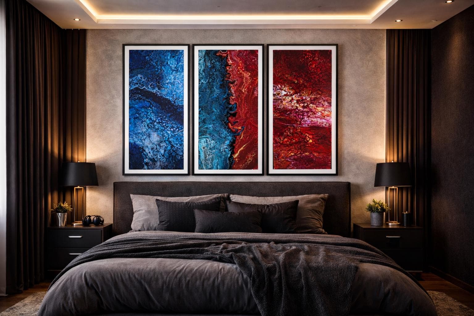 Abstract Fluid Art Triptych, Blue Red Modern Wall Decor (Printable PDF Set)