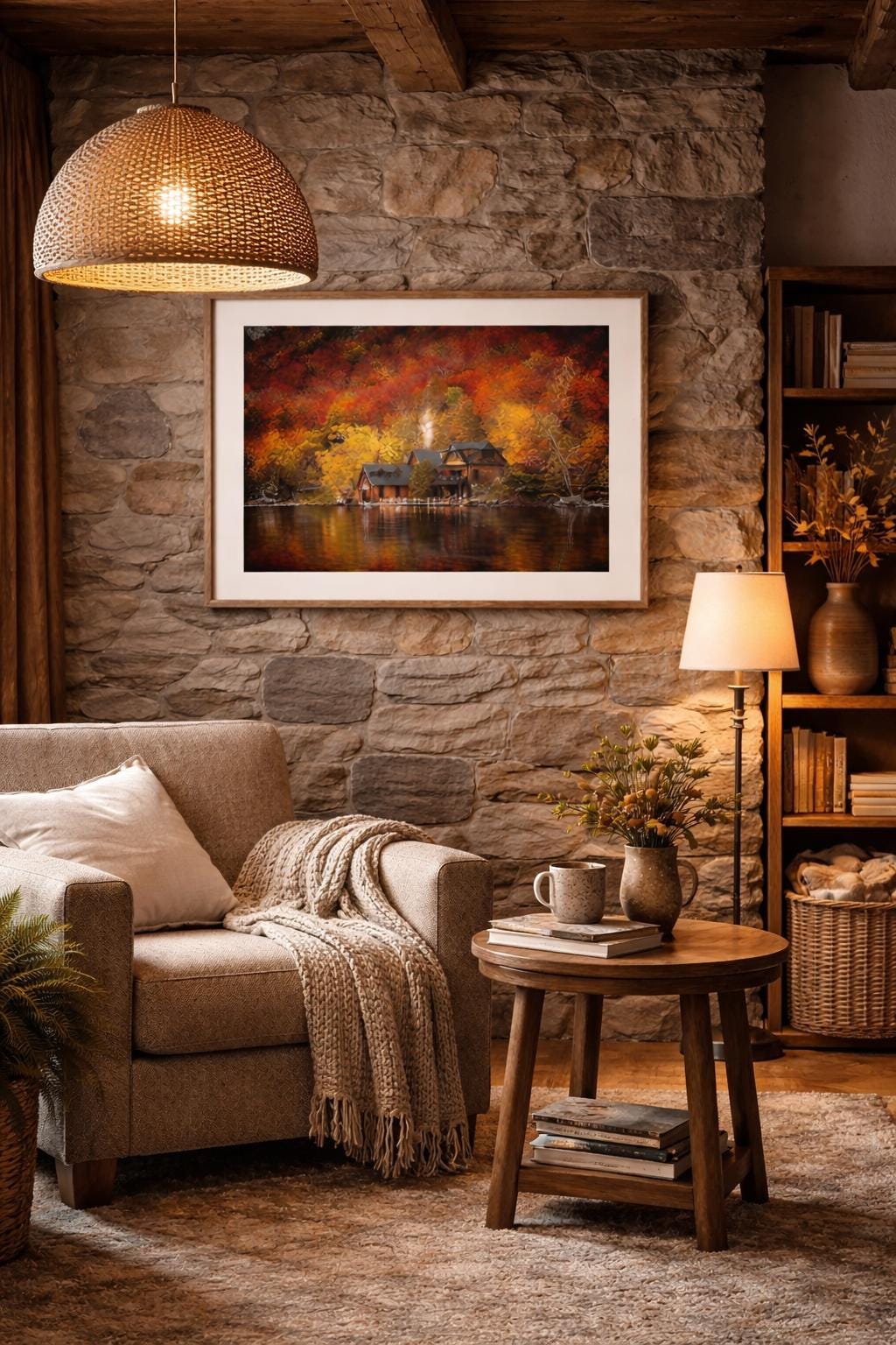 Autumn Cabin Wall Art, Lake House Print, Rustic Cabin Decor, Woodland Autumn Artwork, Cabin Landscape, Nature Wall Art, Instant Download