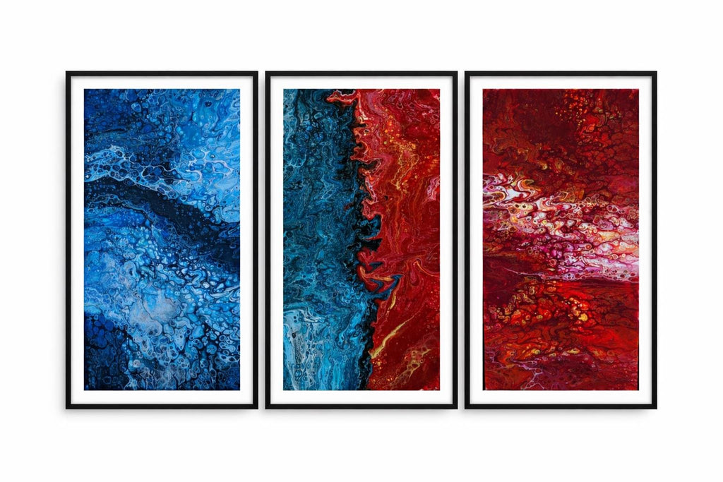 Abstract Fluid Art Triptych, Blue Red Modern Wall Decor (Printable PDF Set)