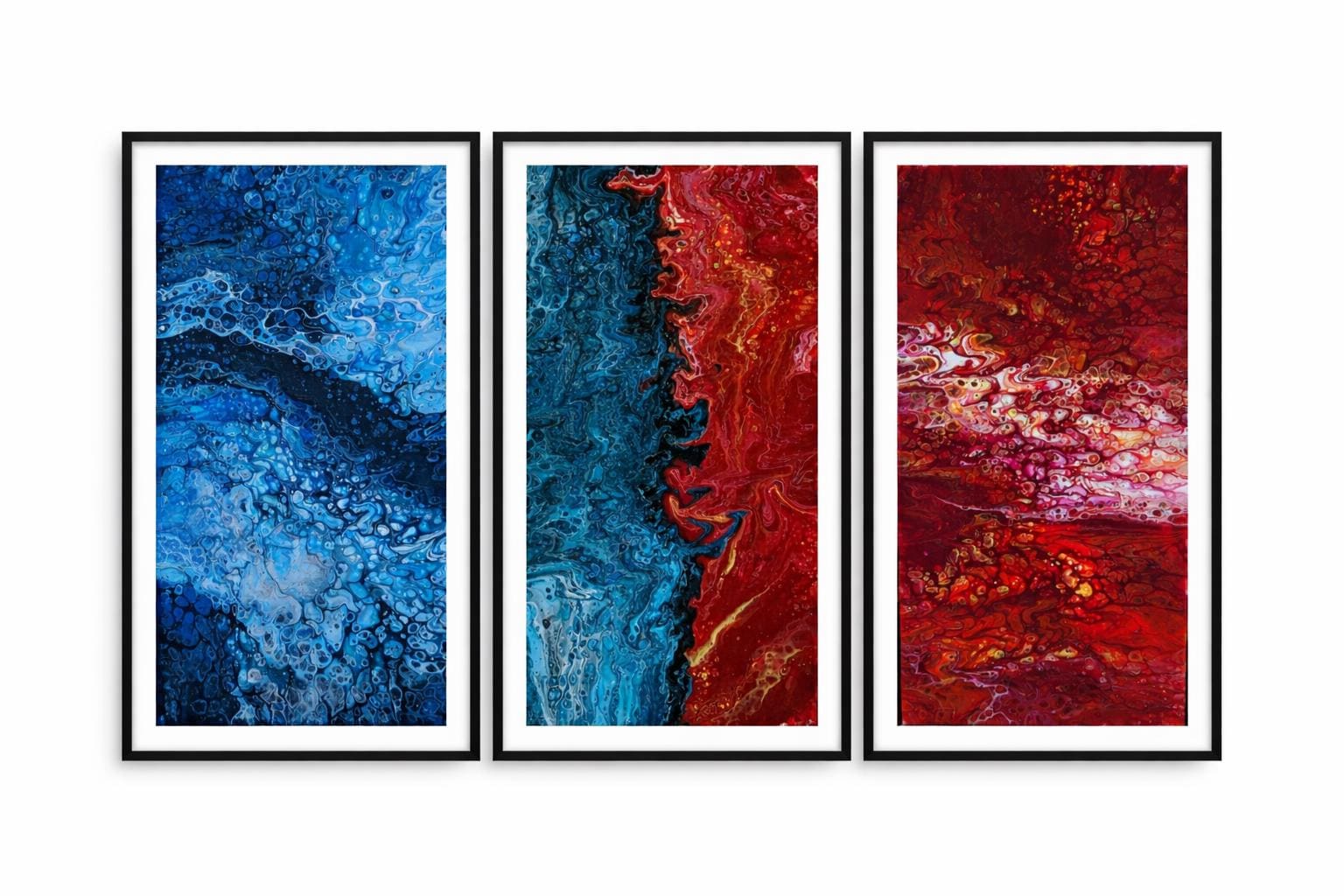 Abstract Fluid Art Triptych, Blue Red Modern Wall Decor (Printable PDF Set)