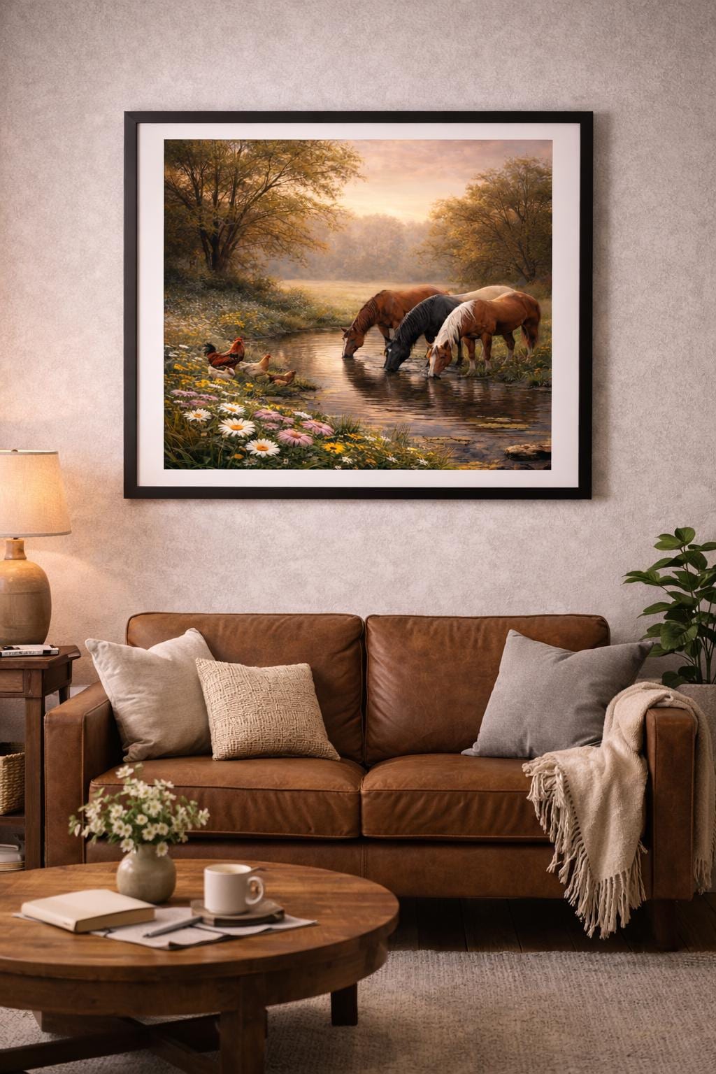 Country Horses Wall Art, Horses by Creek with Chickens, Farm Animal Landscape, Farmhouse Printable Digital Download