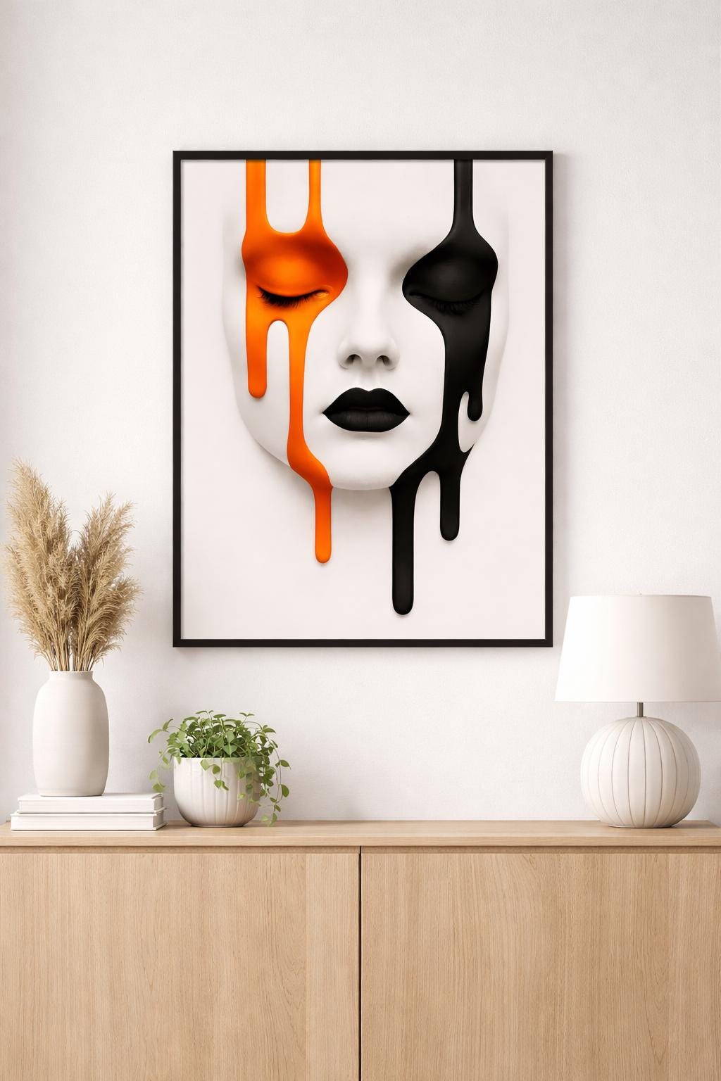 Abstract Melted Face Wall Art, Modern Surreal Portrait Print, Black Orange Minimal Art, Contemporary Digital Download