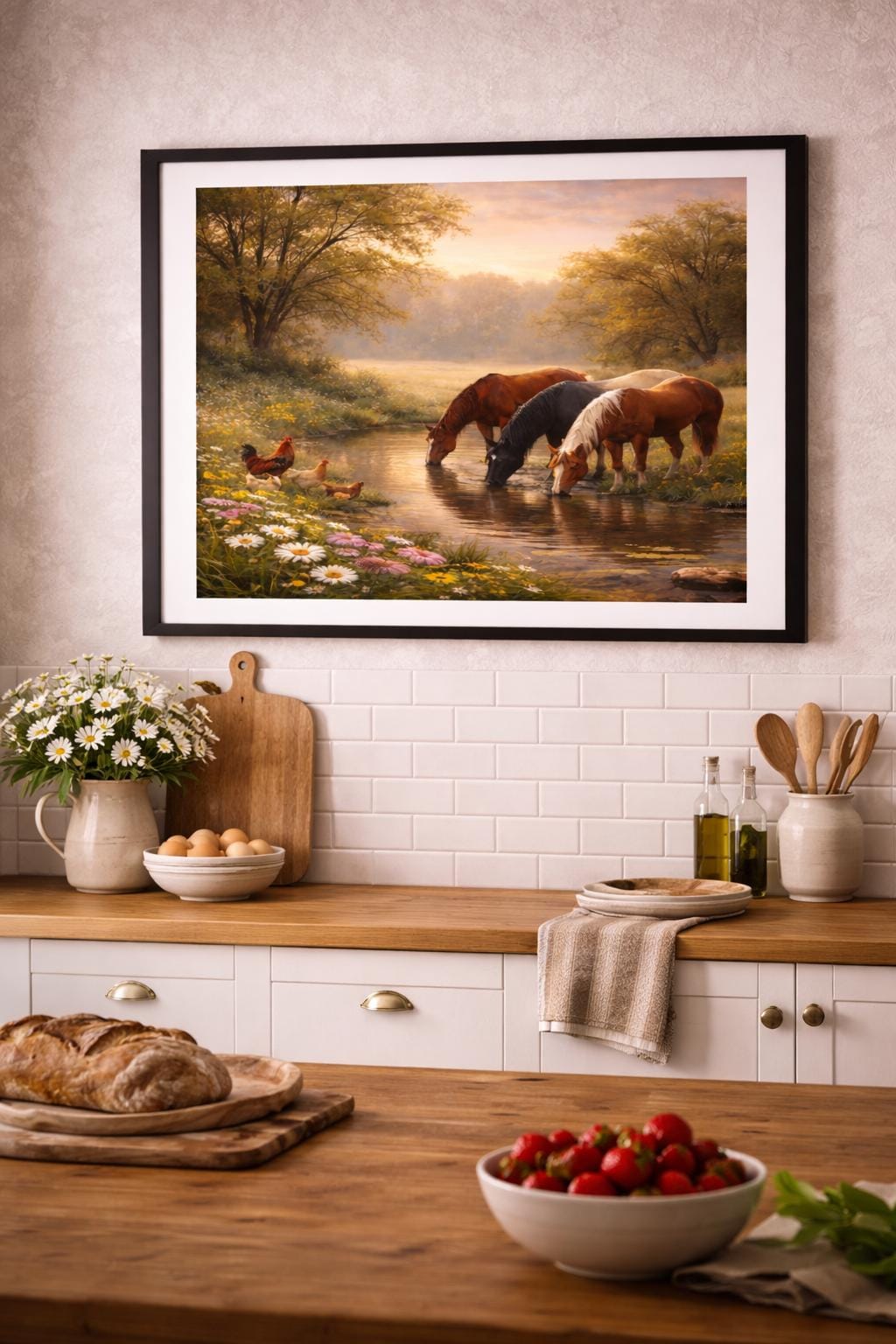 Country Horses Wall Art, Horses by Creek with Chickens, Farm Animal Landscape, Farmhouse Printable Digital Download
