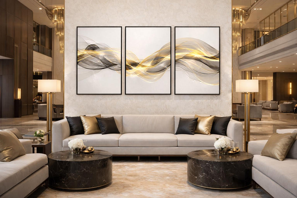 Abstract Gold Ribbon Triptych, Modern Neutral Art (PDF Download Set of 3)