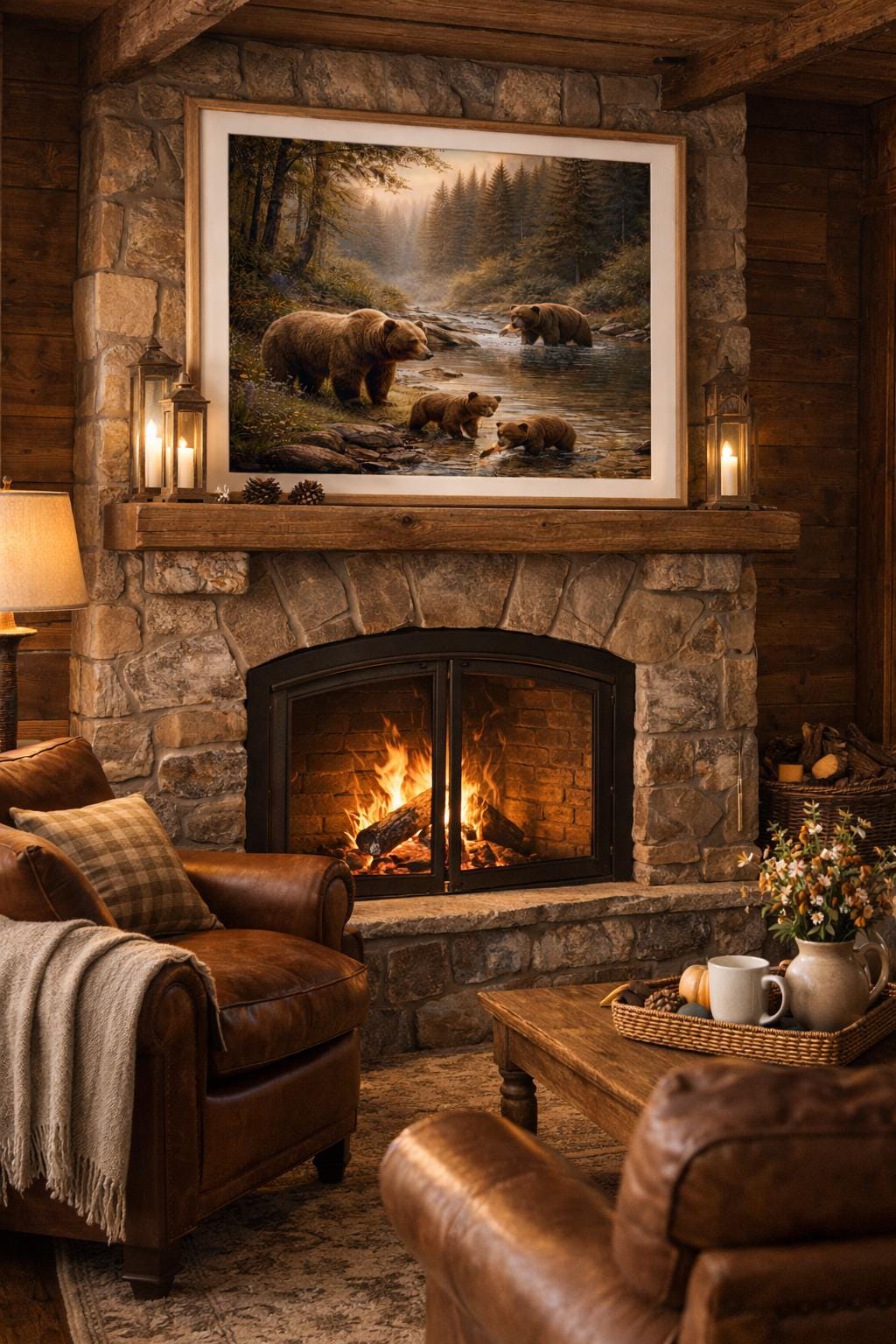 Bears by Woodland Stream Wall Art, Rustic Wildlife Landscape, Forest River Bears Print, Nature Cabin Decor Printable