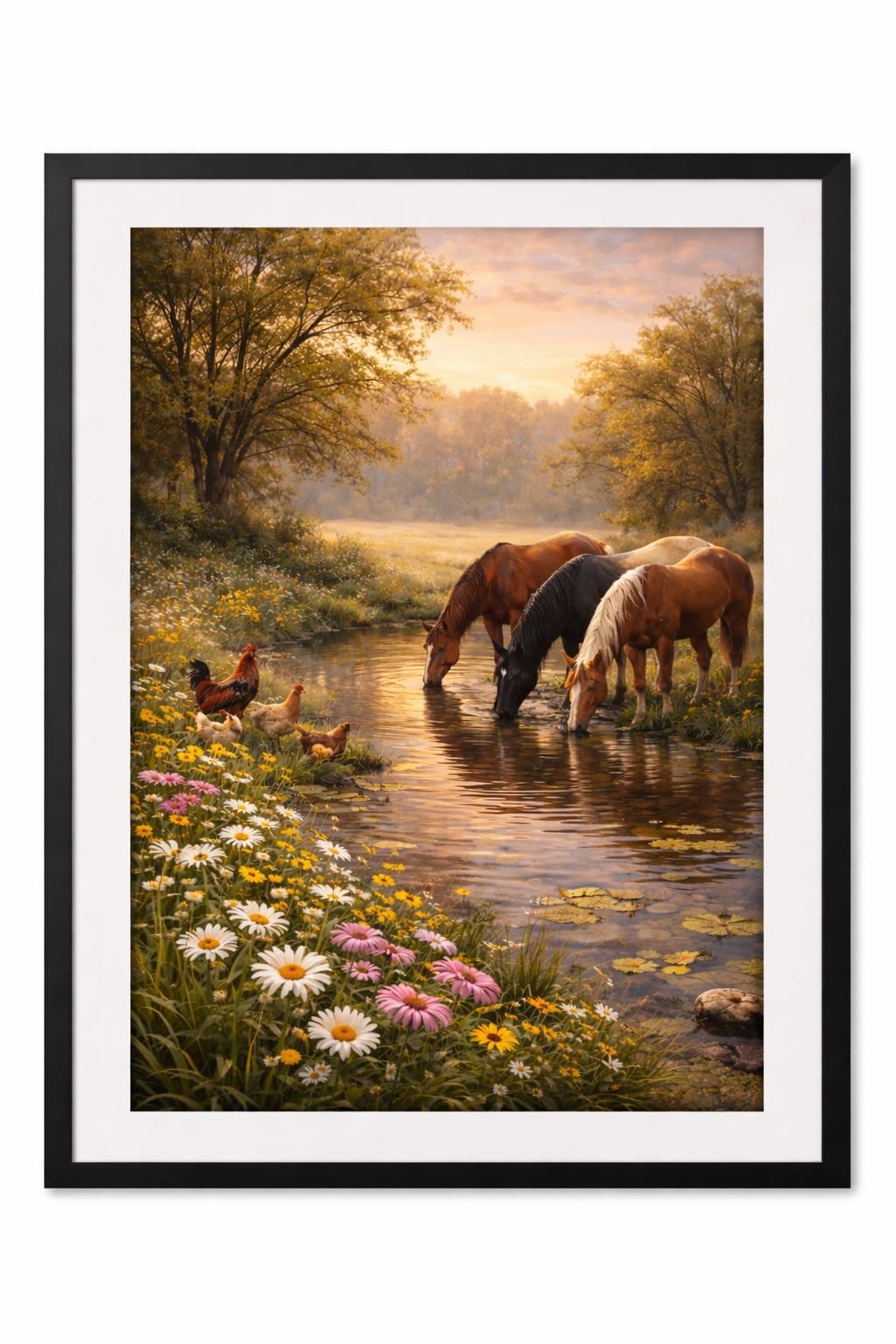 Country Horses Wall Art, Horses by Creek with Chickens, Farm Animal Landscape, Farmhouse Printable Digital Download