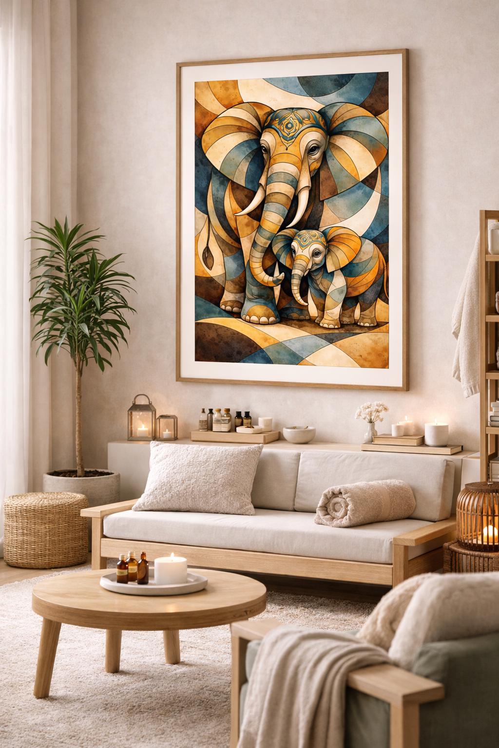 Abstract Cubist Elephants Wall Art Printable, Luxury Elephant Art, Zen Animal Artwork, Modern Geometric Decor