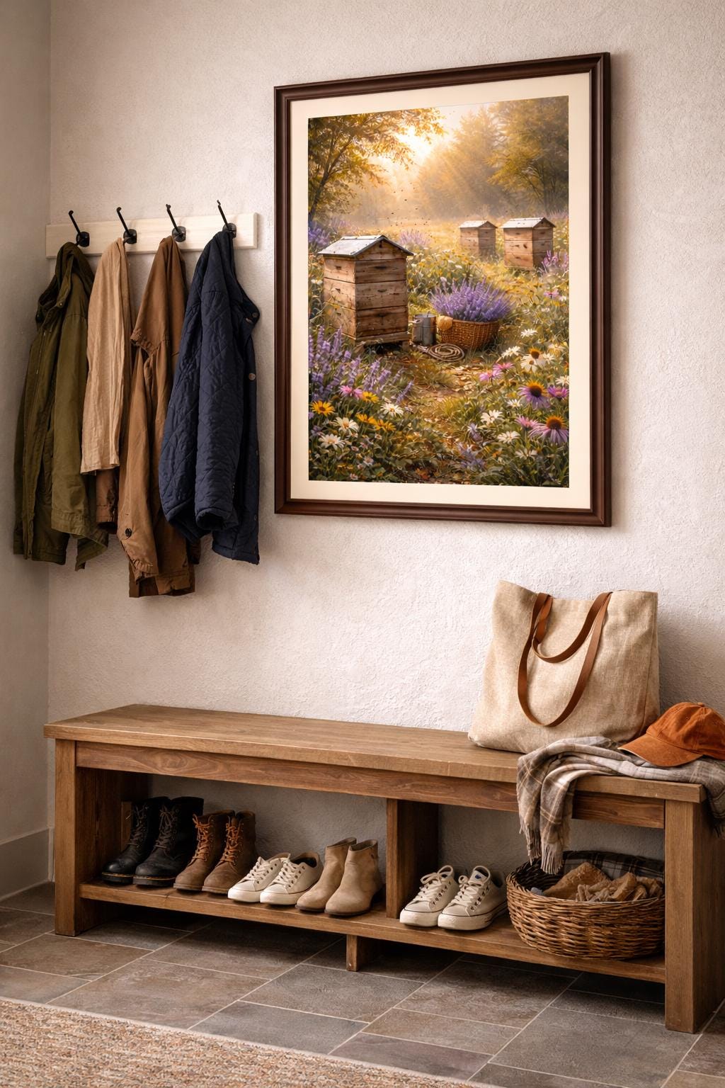 Beehives and Wildflowers Wall Art, Rustic Beekeeping Print, Cottagecore Garden Decor, Lavender Meadow Artwork, Nature Farm Printable