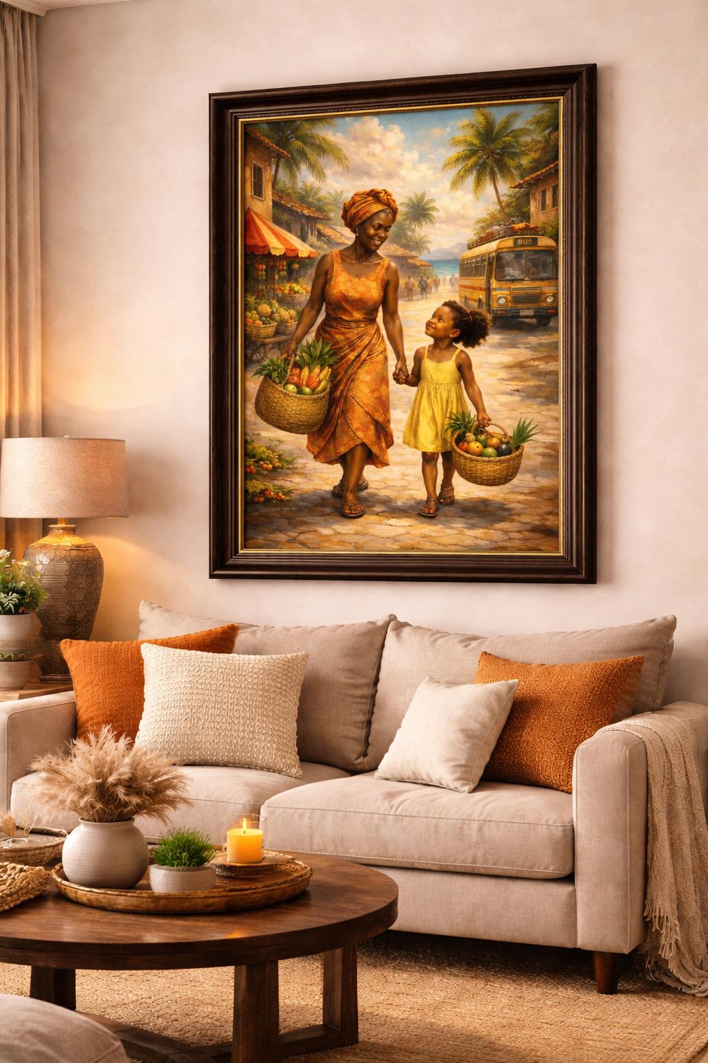 Afro Americana Oil Painting | Grandmother and Child, Coastal Market (Digital Download)