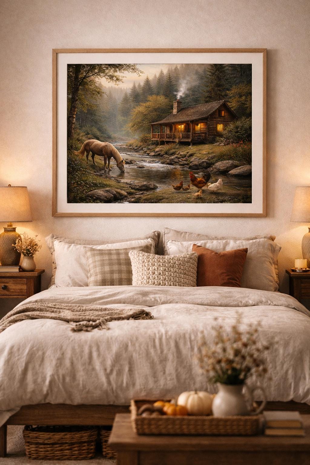 Cabin by the Creek Wall Art with Horse and Chickens, Rustic Farm Cabin Landscape, Country Nature Printable