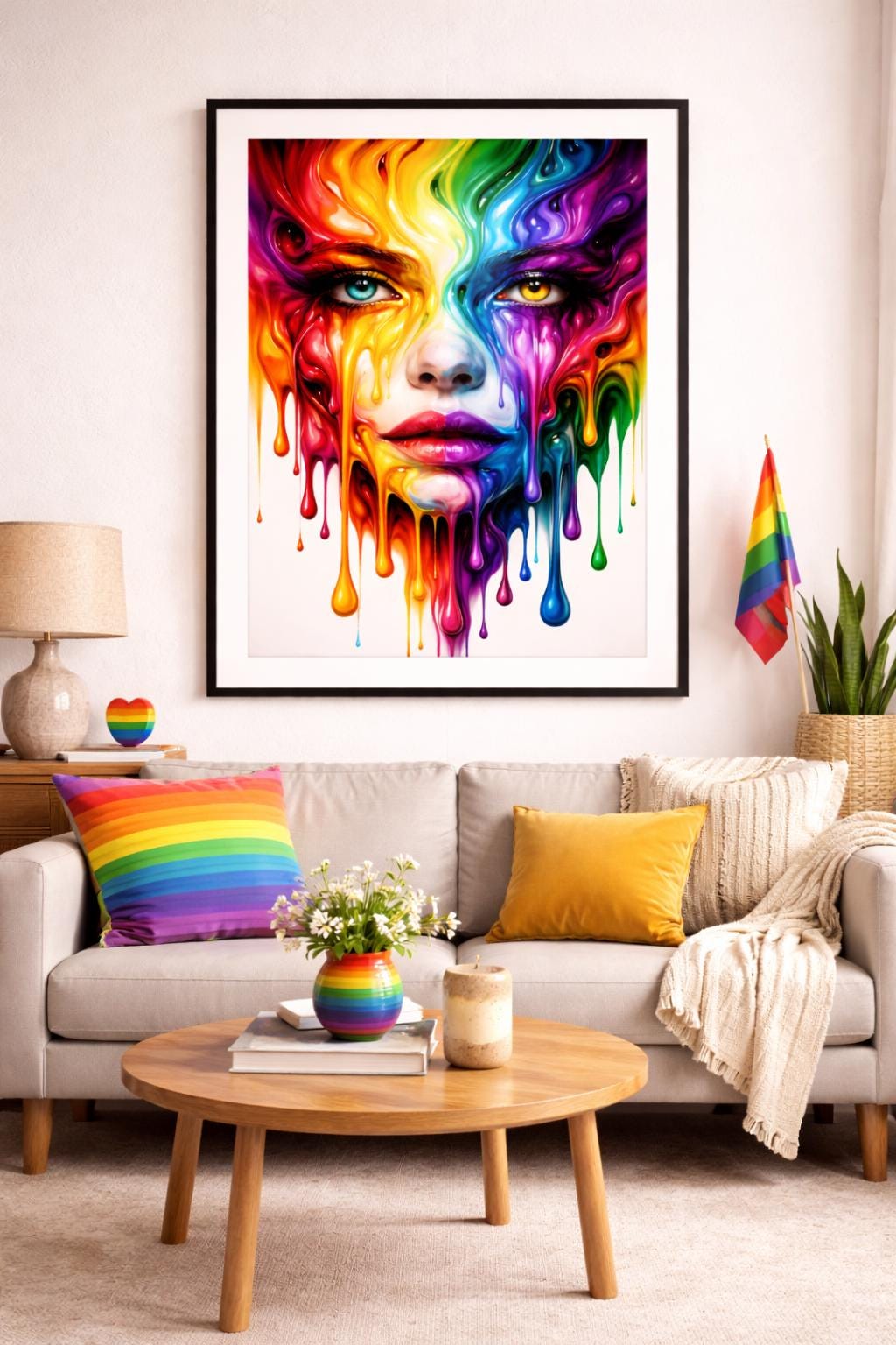 Abstract Melted Face Pride Wall Art, Rainbow Drip Portrait, LGBTQ Modern Art Print, Colorful Surreal Face Artwork
