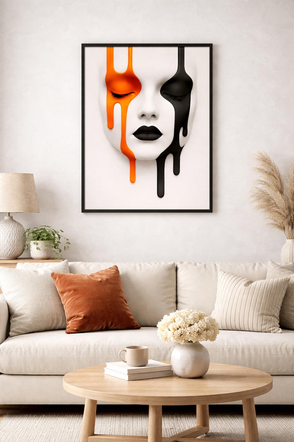 Abstract Melted Face Wall Art, Modern Surreal Portrait Print, Black Orange Minimal Art, Contemporary Digital Download