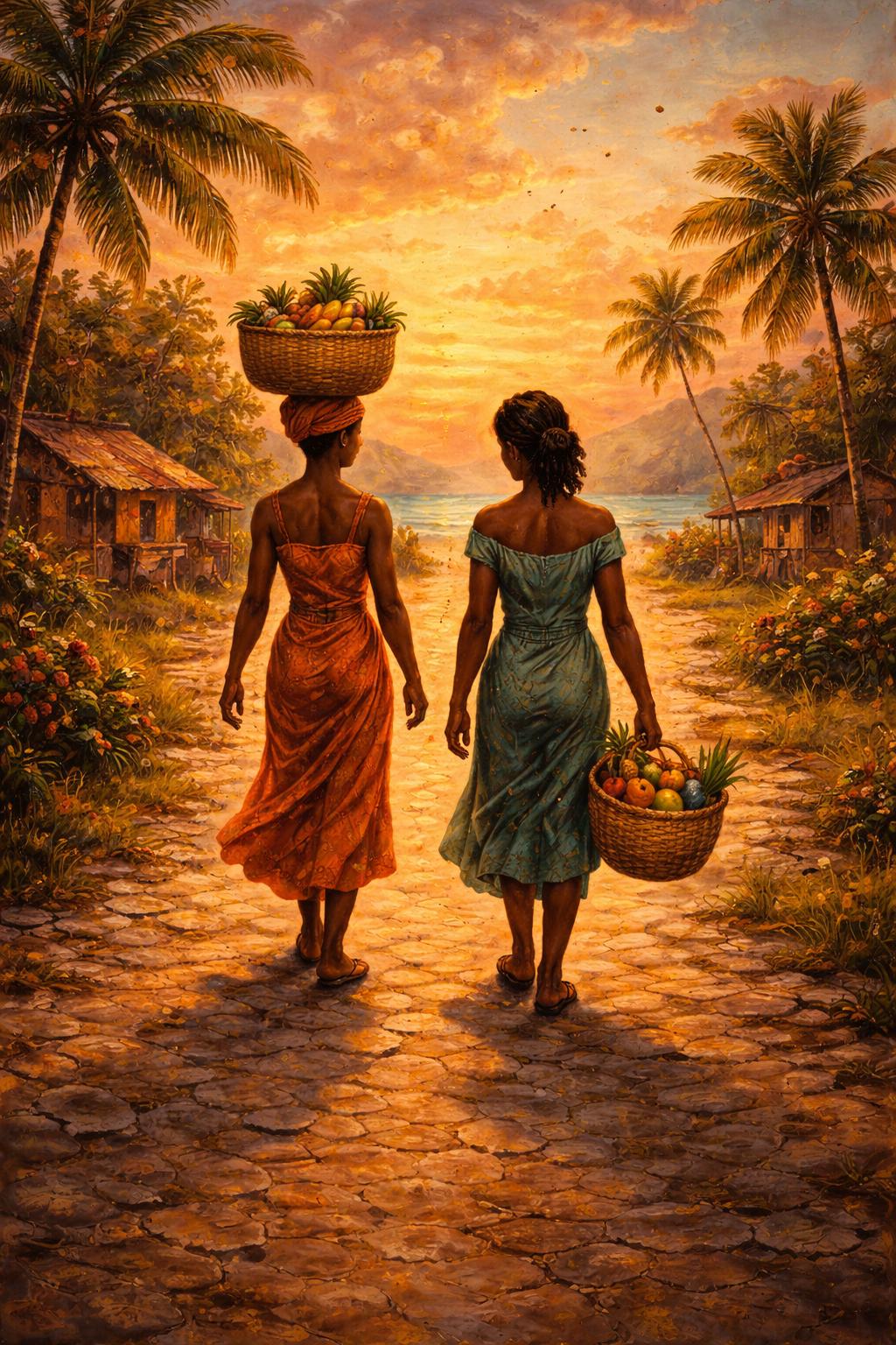 Afro Americana Oil Painting | Sunset Village, African Women (Digital Download)