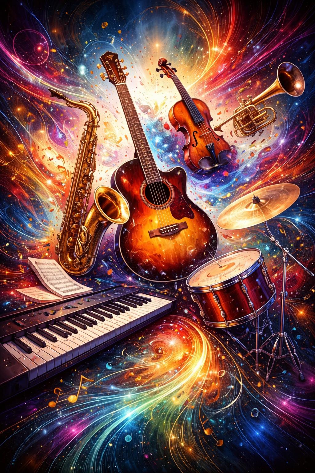 Abstract Musical Instruments Wall Art, Colorful Music Artwork, Vibrant Music Decor, Piano Guitar Violin Art, Printable