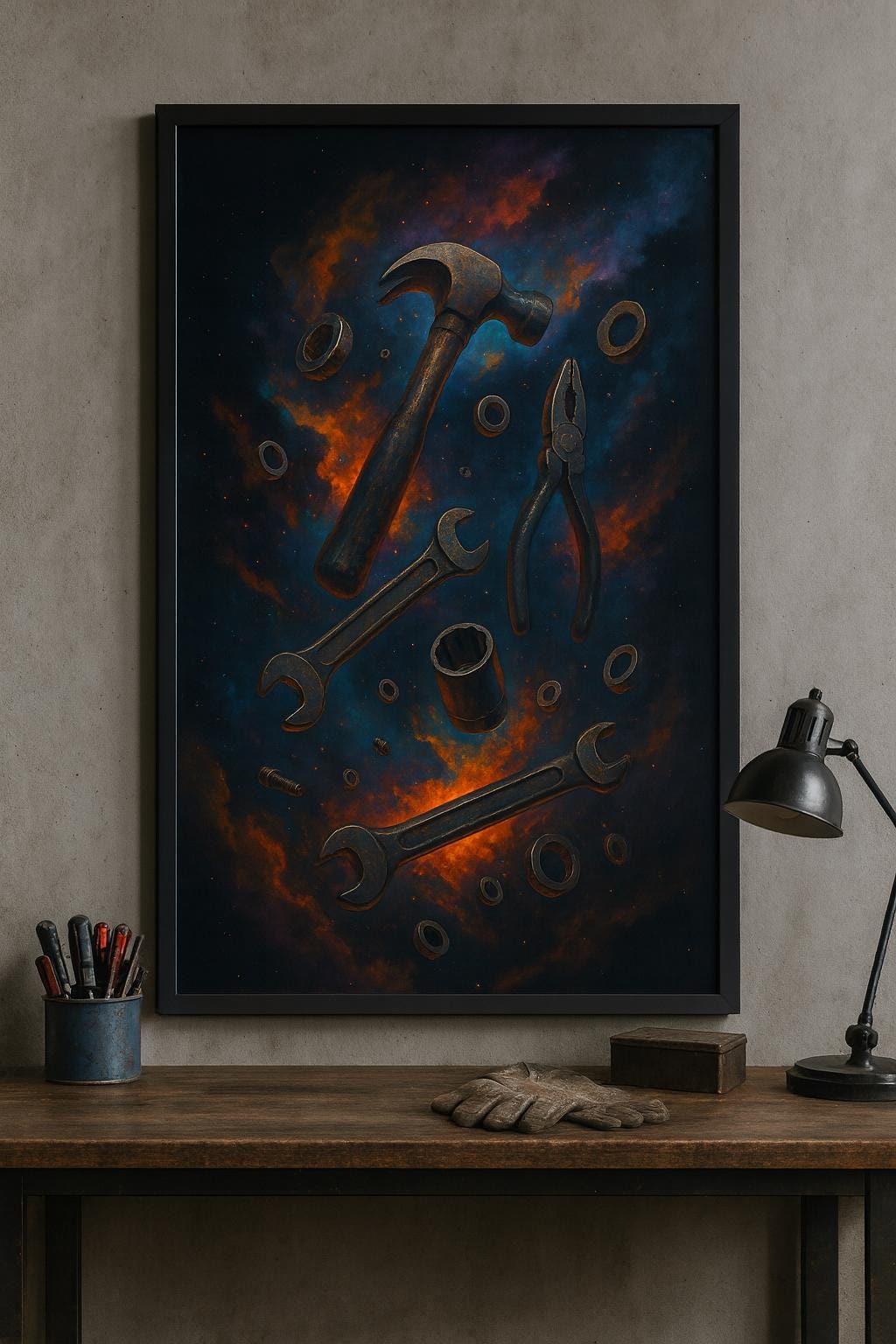 Cosmic Mechanic Tools Print – Galaxy Garage Art, Man Cave Decor