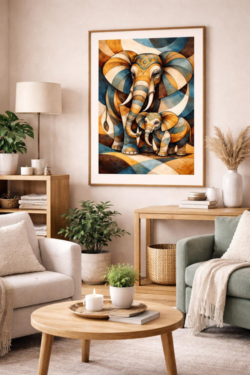 Abstract Cubist Elephants Wall Art Printable, Luxury Elephant Art, Zen Animal Artwork, Modern Geometric Decor