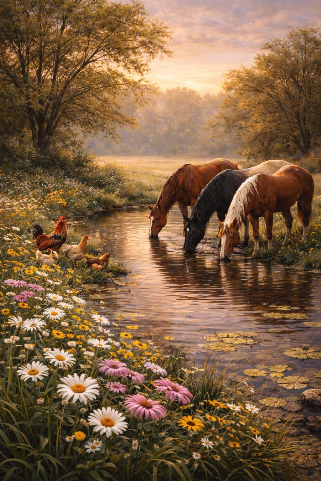 Country Horses Wall Art, Horses by Creek with Chickens, Farm Animal Landscape, Farmhouse Printable Digital Download