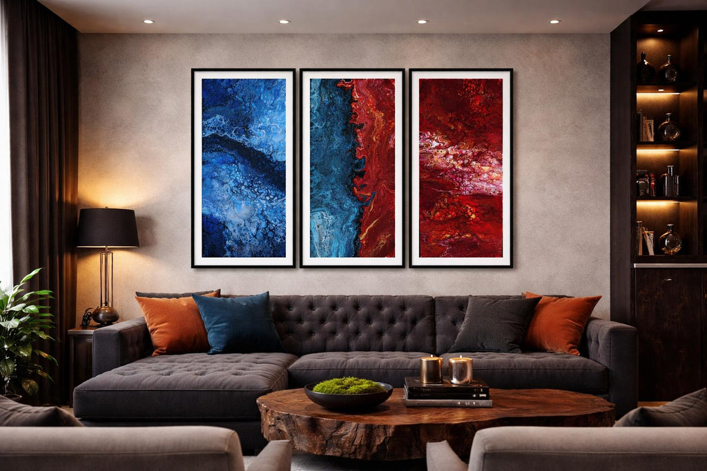 Abstract Fluid Art Triptych, Blue Red Modern Wall Decor (Printable PDF Set)