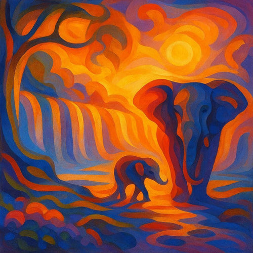Abstract Elephant Art Print | Vibrant Sunset Safari Painting | Colorful Wildlife Wall art | Modern Animal