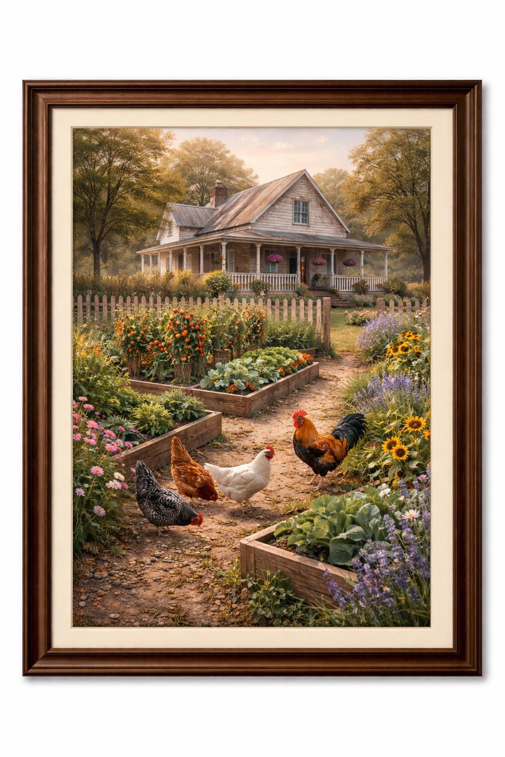 Farmhouse Garden With Chickens Wall Art, Country Garden Print, Rustic Farm Decor, Chicken Art Printable, Cottagecore Wall Art, Instant print