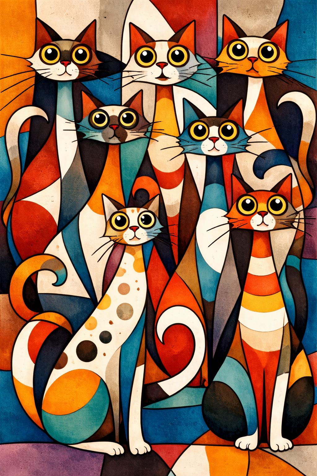 Abstract Cubist Cats Wall Art Printable, Tall Skinny Cat Art, Modern Geometric Cat Artwork, Colorful Pet Decor