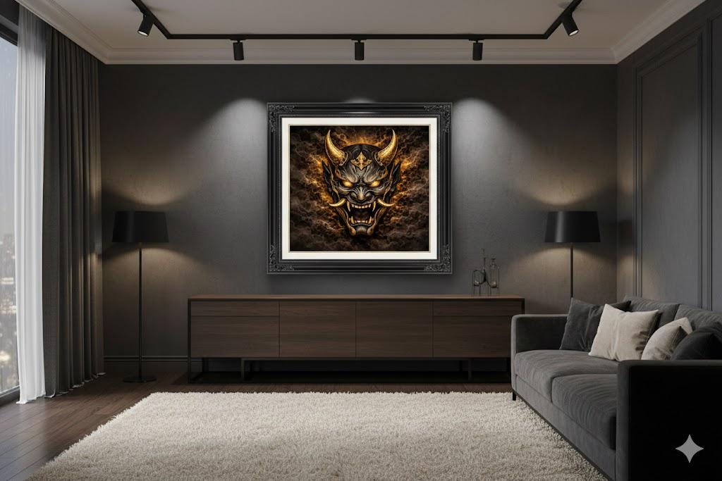 Black and Gold Hannya Mask Wall Art | Japanese Demon Art Printable | Samurai Tattoo Style Decor | Luxury Dark Wall Art