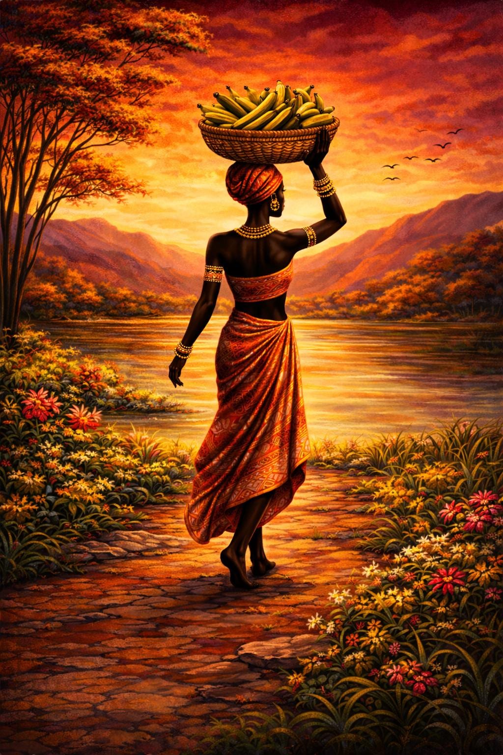 African Woman Plantain Art Print | Afrocentric Sunset Artwork (Digital Download)