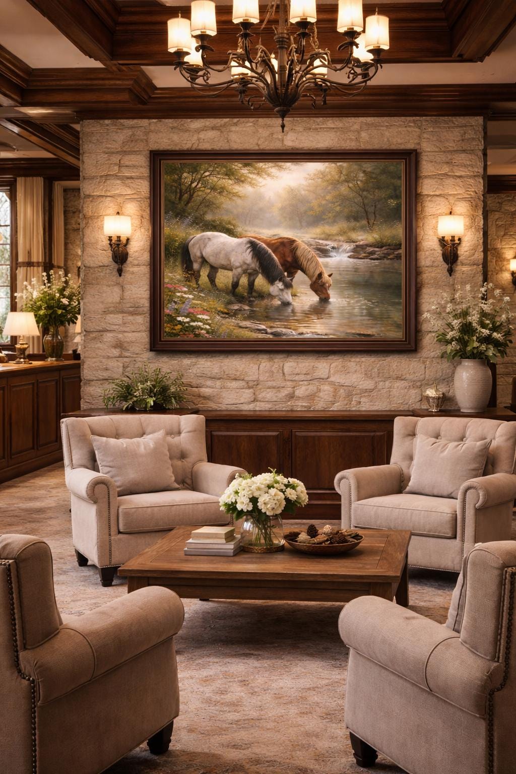 Horses Drinking at River Wall Art Printable, Peaceful Horse Landscape, Rustic Nature Painting, Farmhouse Cottage Decor, Digital Download