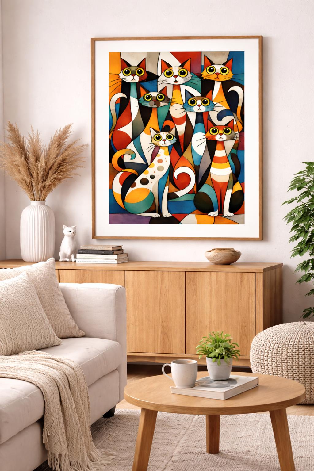 Abstract Cubist Cats Wall Art Printable, Tall Skinny Cat Art, Modern Geometric Cat Artwork, Colorful Pet Decor