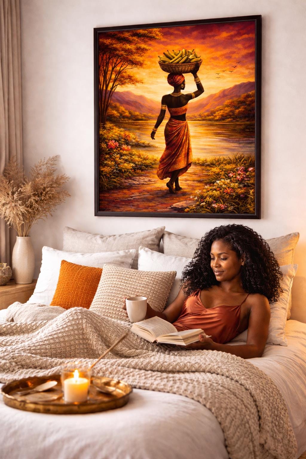 African Woman Plantain Art Print | Afrocentric Sunset Artwork (Digital Download)