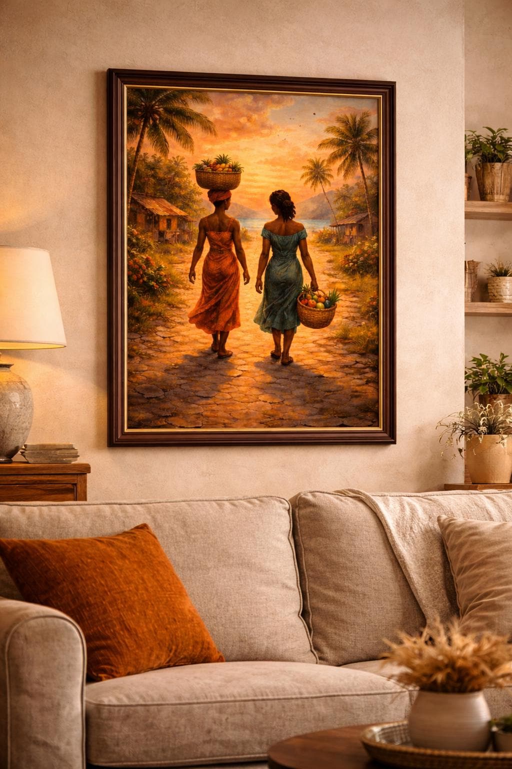 Afro Americana Oil Painting | Sunset Village, African Women (Digital Download)