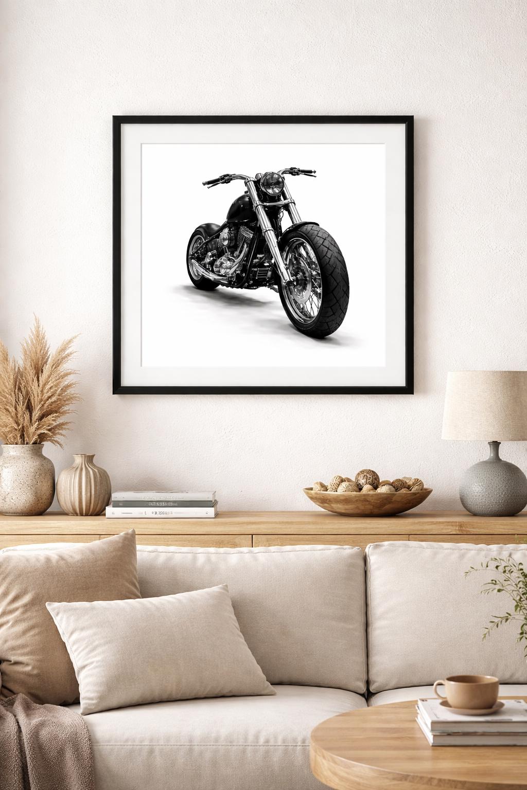 Custom Motorcycle Wall Art, Black Chopper Bike Photography, Biker Garage Decor, Modern Industrial Man Cave Art