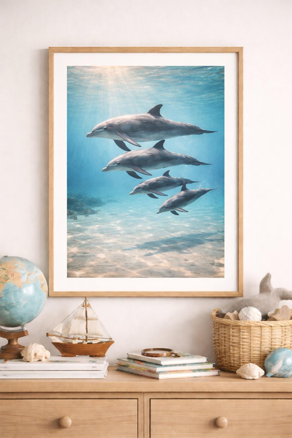 Dolphins Swimming Wall Art Printable | Ocean Nursery Decor | Calm Marine Life Art | Dolphin Family Print | Instant Download