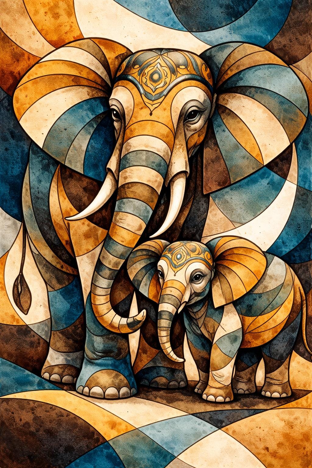 Abstract Cubist Elephants Wall Art Printable, Luxury Elephant Art, Zen Animal Artwork, Modern Geometric Decor
