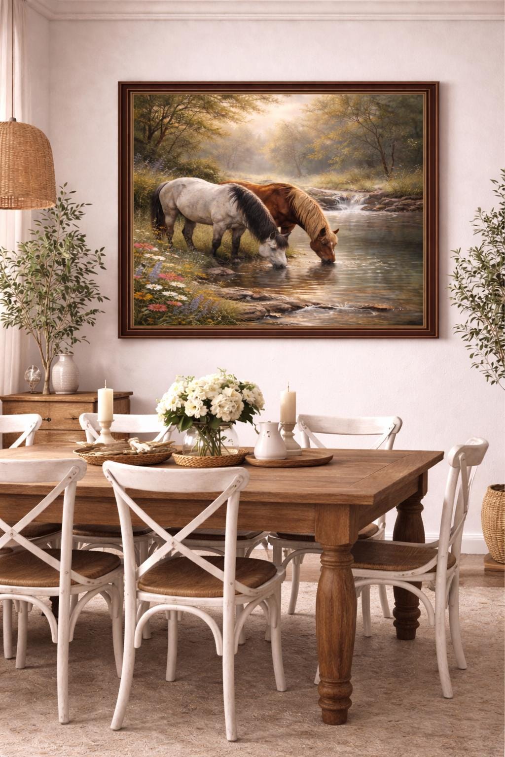 Horses Drinking at River Wall Art Printable, Peaceful Horse Landscape, Rustic Nature Painting, Farmhouse Cottage Decor, Digital Download